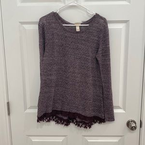 Dark purple lightweight sweater with lace trim. Size medium.